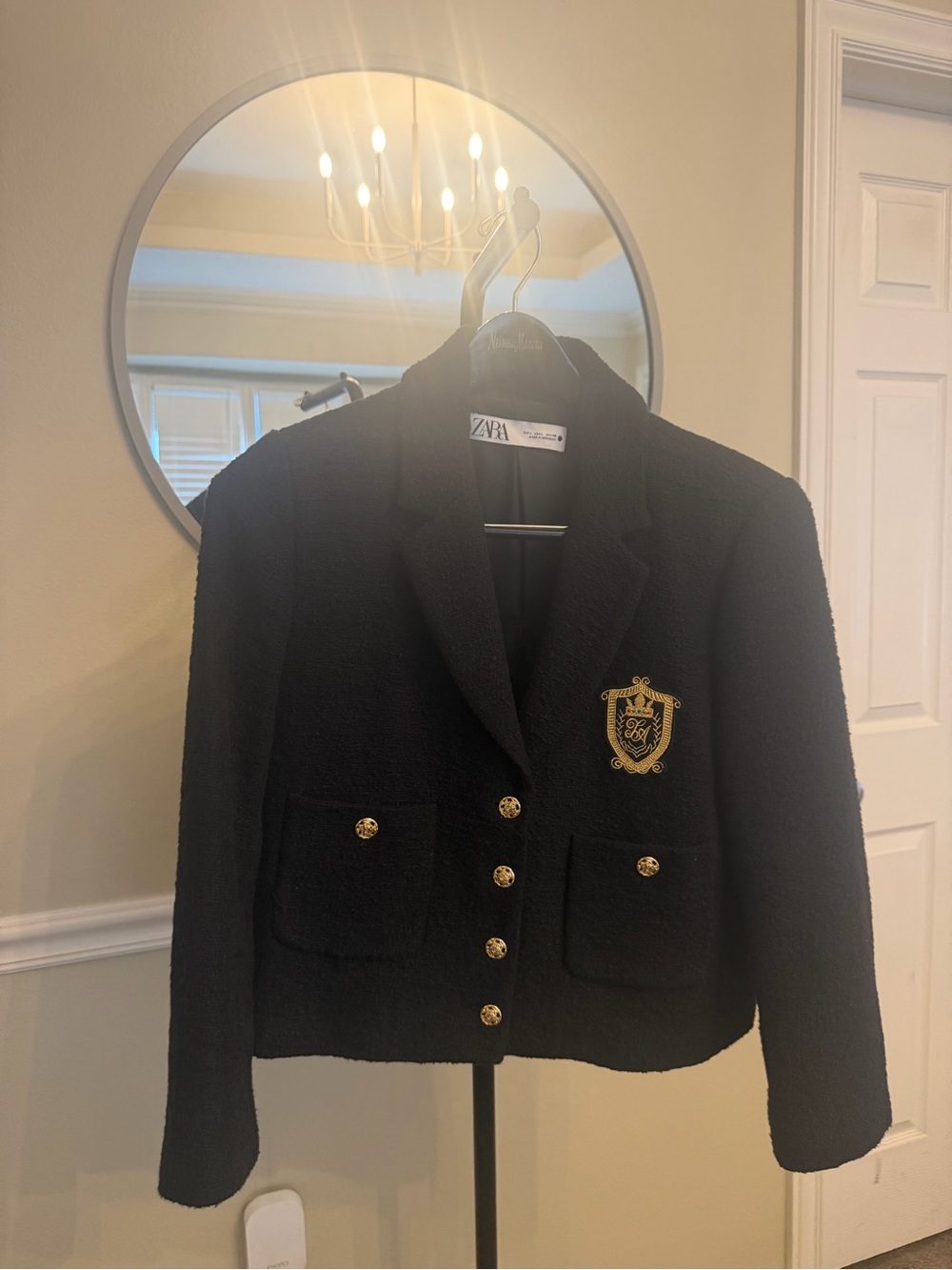 Zara Black Cropped Blazer with Gold Crest and Buttons
